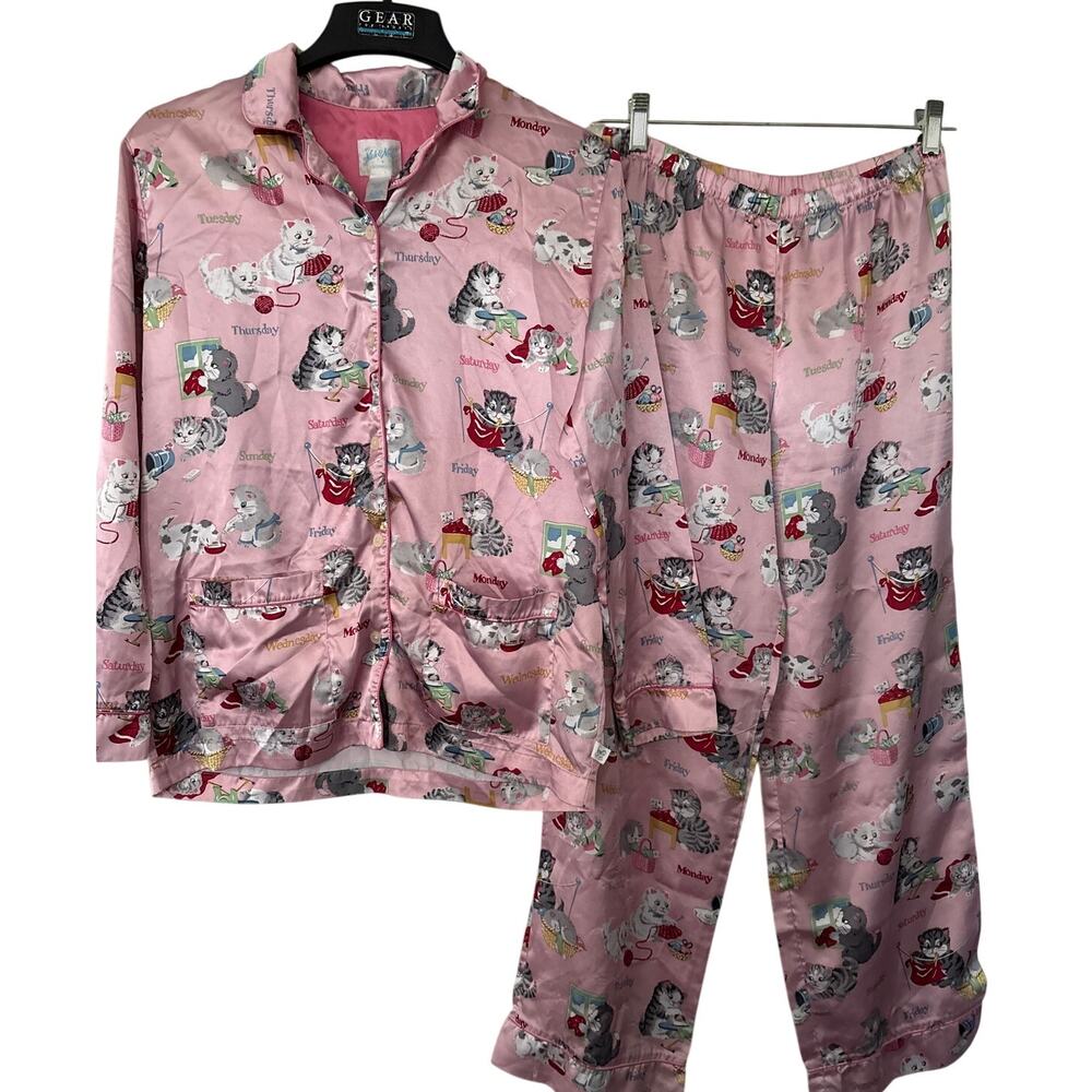 Nick & Nora Satin Kitten Cat Days of Week Pajama Set Girls XL Women's S/M